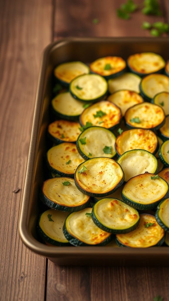 Baked zucchini rounds seasoned and garnished with parsley on a rustic wooden table.